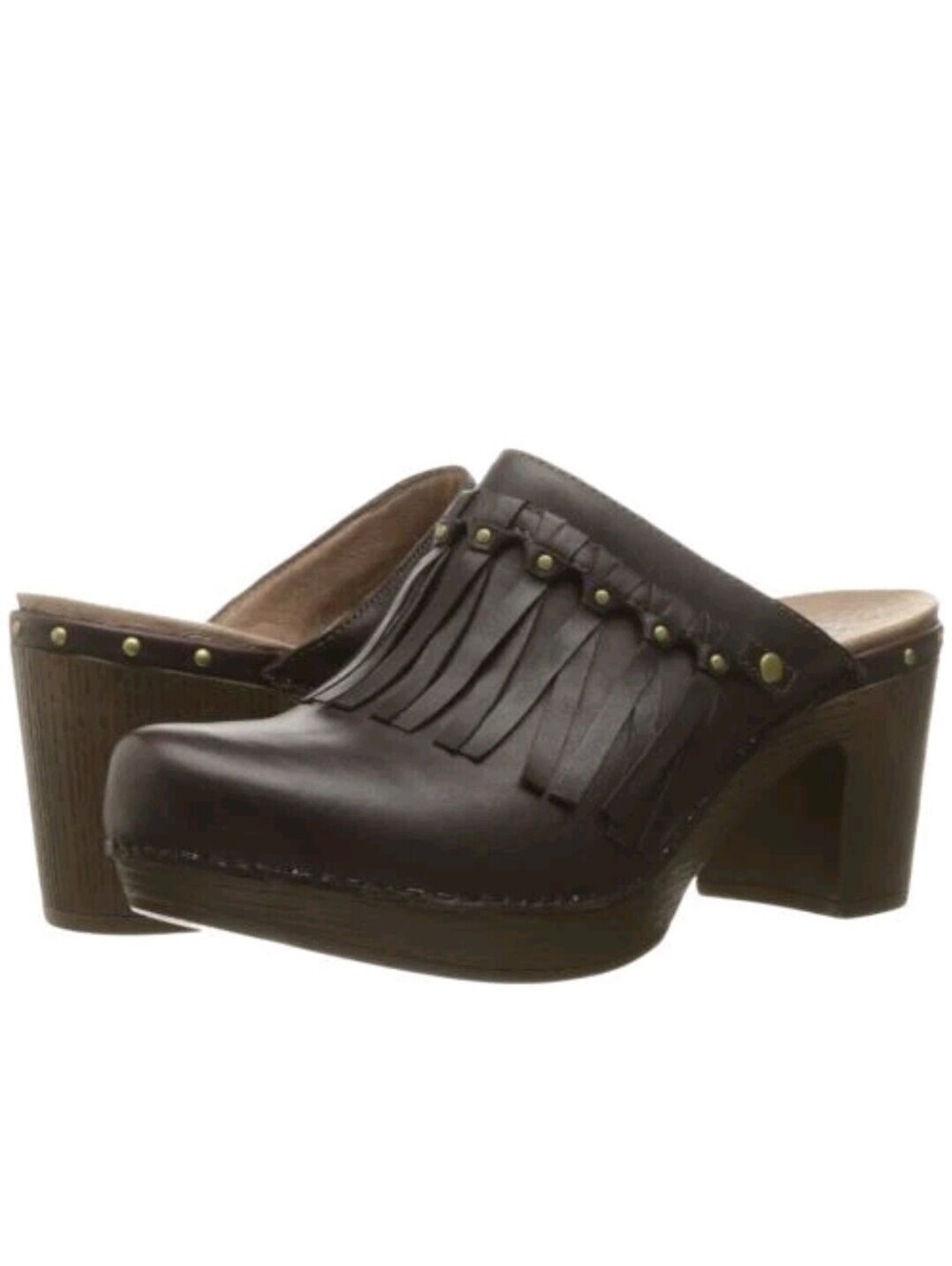 DANSKO CLOGS DENI SHOE SZ 41 10.5 CHOC BRN FULL GRAIN LEATHER FRINGE COMFORT